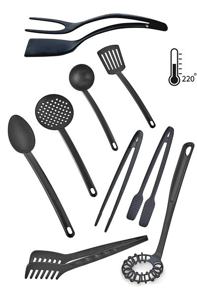 HB LİFE 9 Piece Fireproof Non-Stick Teflon Serving Tongs Colander Whisk Set