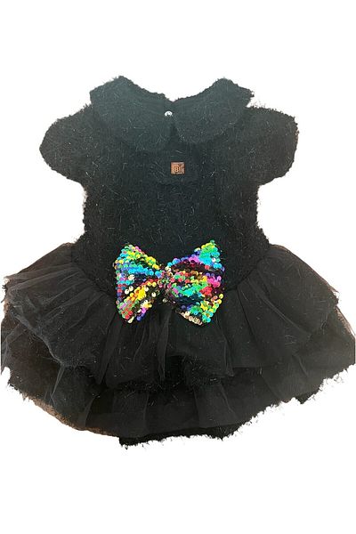 Bi Dolap Ponçik Party Dress Soft Glitter Fabric Black Stylish Cat Dog Outfit & Dress with Sequin Ribbon