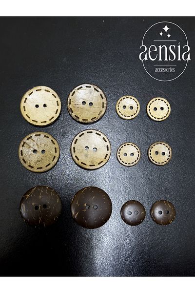 aensia Around Laser Stitching Detailed Real Coconut Coconut Button Flat Hole Button - Pack of 12 (6 Large + 6 Small)