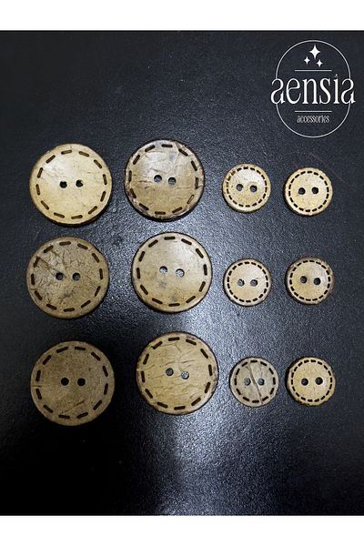 aensia Around Laser Stitching Detailed Real Coconut Coconut Button Flat Hole Button - Pack of 12 (6 Large + 6 Small)