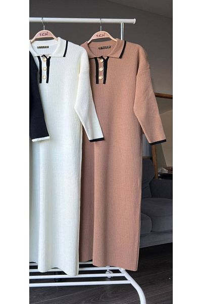 asyadabutik Gold Buttoned Shirt Collar Knitwear Long Hijab Dress