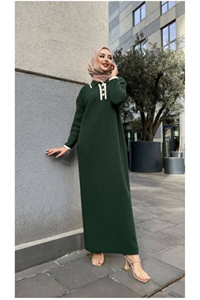 asyadabutik Πλεκτό μακρύ φόρεμα χιτζάμπ με χρυσό πουκάμισο με κουμπιά