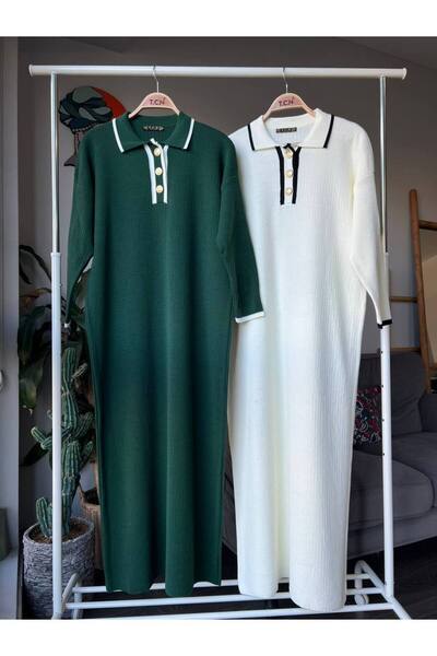 asyadabutik Πλεκτό μακρύ φόρεμα χιτζάμπ με χρυσό πουκάμισο με κουμπιά