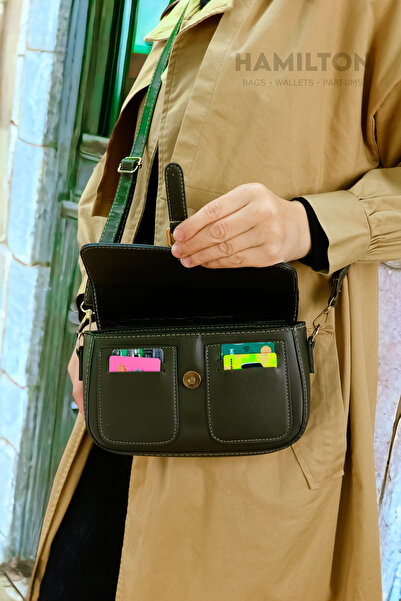 HAMILTON Original Women's Khaki Crossbody Adjustable Strap Lined Leather Baguette Daily Shoulder Bag with Card Holder