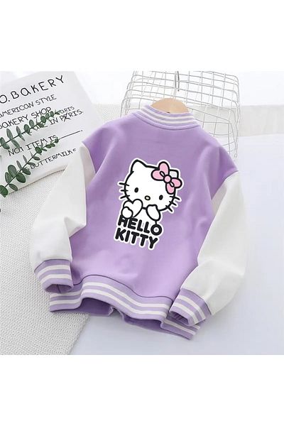 MECH BUTİK Hkitty Printed Lilac Girl's College Coat College Jacket (white print)