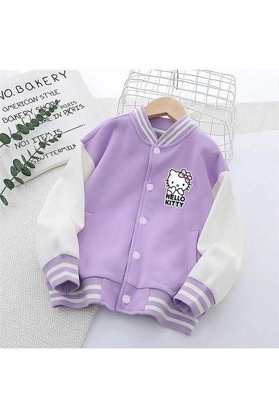 MECH BUTİK Hkitty Printed Lilac Girl's College Coat College Jacket (white print)