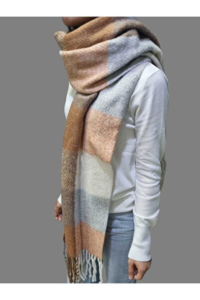 Trenderrs Γυναικείο μαντήλι από μαλακό μαλλί με φούντα καρό σάλι ώμου