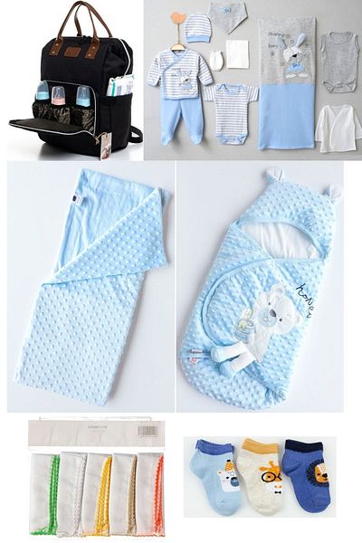 Necix's 6-Piece CUTE MONTHS BIRTH SET (10-Piece HOSPITAL EXIT, BABY BAG, SWADDLE, BLANKET, WIPES AND SOCKS SET)