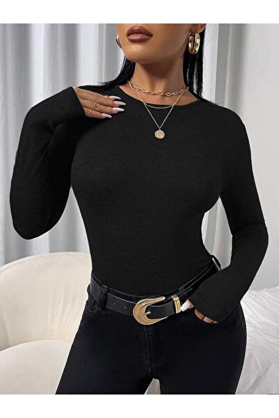 Butik Kadın Bisiklet yaka Uzun Kollu Likralı Siyah Body