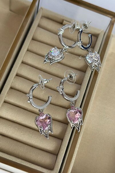 MyladyAccessoriess Zirkon Taş ve Kalp Baget Taş Detaylı Minimal Sallantılı Ka...
