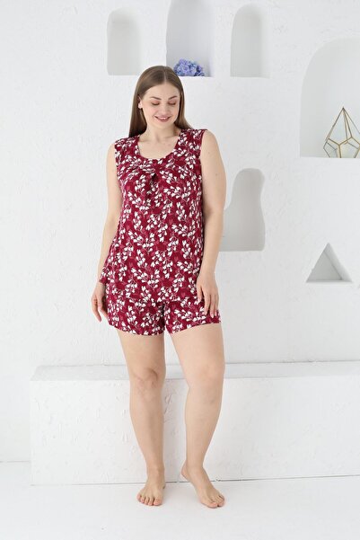 Lagertha by İntensive printed suspender lycra viscose plus size nightgown set with bottom top shorts