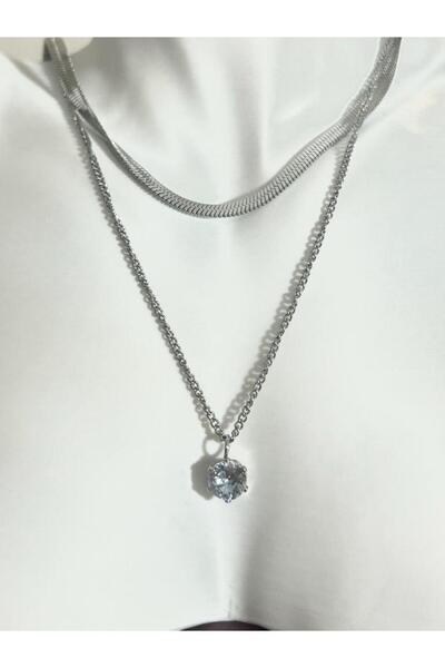 Power Es Kararmaz Paslanmaz Gümüş Renk Ikili Zirkon Taşlı Italyan Zincir Kolye