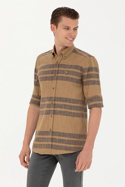 U.S. Polo Assn. Ανδρικό ελαφρύ χακί μακρυμάνικο πουκάμισο ELİFSU BUTİKHOME
