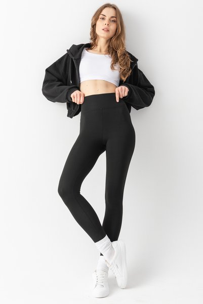 RuyaMood Women's Black Winter Fleece Inside High Waist Gathering Raised Matte Leggings