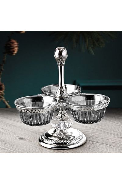 MOS'EV Sleek Serving Presentation with Elegant Metal Design, 3-Compartment One-Tier Glass Snack Bowl