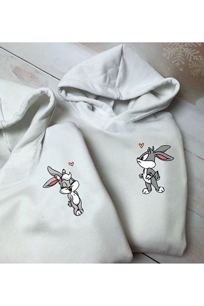 DUBU BUTİK Φούτερ 2 τεμαχίων Heart Lola Bugs Bunny Lover Combination - White Printed Winter Oversize Hooded