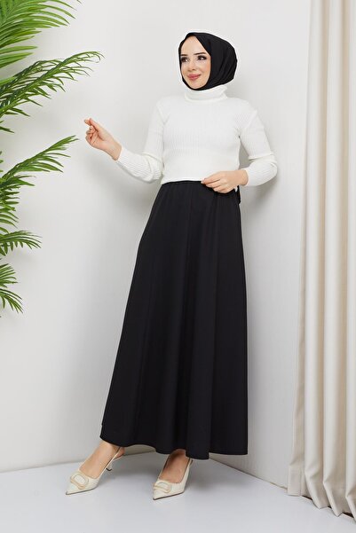 Günay Karaca Beli Lastikli Kumlu Krep Kumaş Sekiz Parça Geniş Rahat Etek 20231