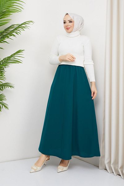Günay Karaca Sandy Crepe Fabric Eight Piece Wide Comfortable Skirt with Elastic Waist 20231