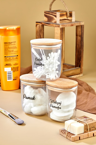 ŞAKİLATA CONCEPT 3-Piece Wooden Lid Ear Cotton & Cotton & Makeup Cotton Stora...