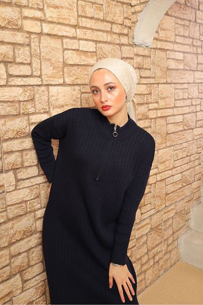 CANSELLBUTİKK Standard Size Long Knitwear Hijab Dress with Zippered Collar