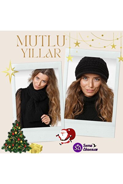 sema aksesuar Black Knitwear Beret Set - Women's Knit Scarf and Trench, Valen...