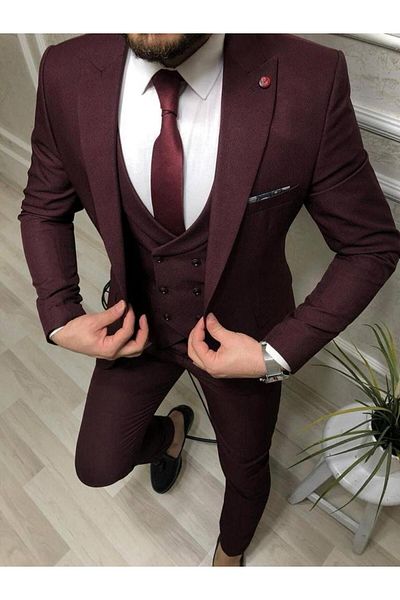 MISTER MR.PAPYON FASHION Men's Vest Suit Claret Red Size 44 Chain and Tie