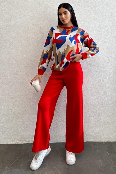 lovebox Knitwear Fabric Piece Pattern Long Sleeve Crew Neck Sweater and Wide ...