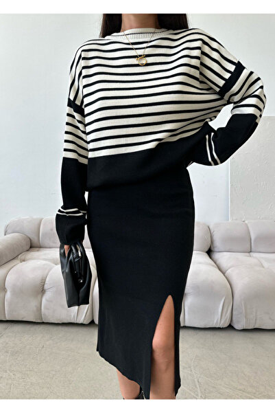 Ortaya Çık Long Sleeve Black Striped Knitwear Set