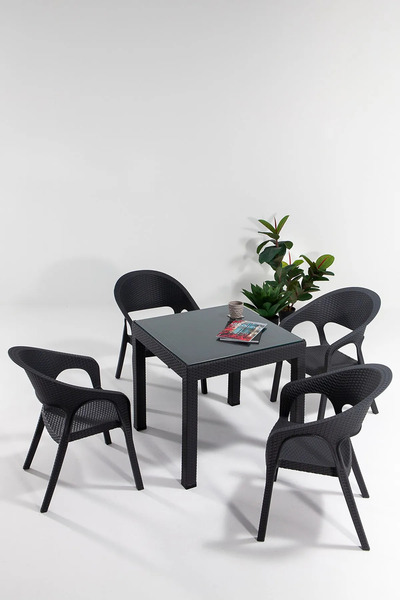 MOBETTO Garden Camlı 80x80 Bahçe&balkon&teras Masa Seti - Antrasit