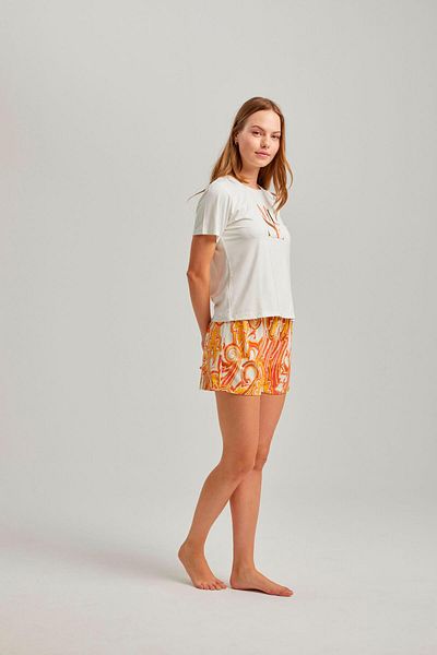 Pamuk & Pamuk Ecru Printed Crew Neck T-Shirt Shawl Pattern Viscose Women's Shorts Set