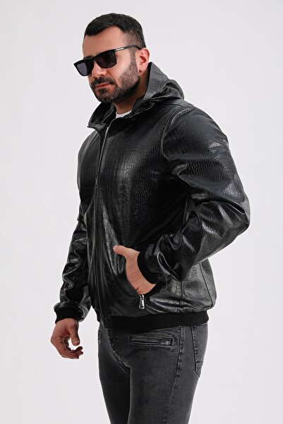 Leather Club Siyah Kroko Baskılı Deri Mont