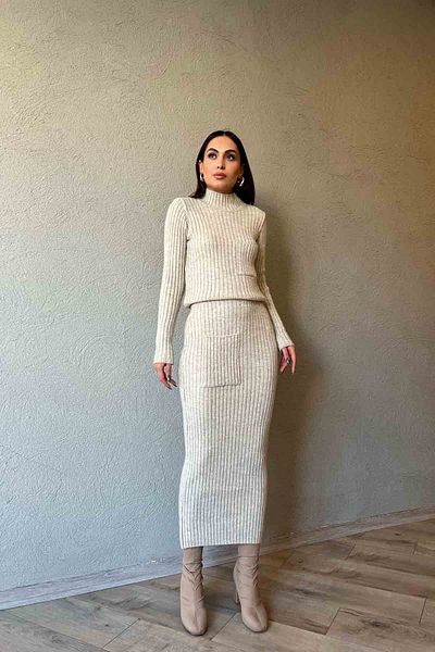 Seda Yalçın Atelier Beige Half Turtleneck Sweater and Skirt Knitwear Set