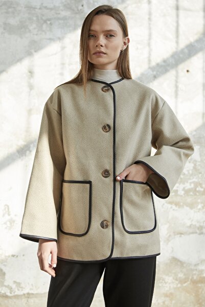 InStyle Δερμάτινο παλτό με λεπτομέρεια κασκόλ - Μπεζ