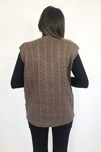 Nacar Kadın V Yaka Kalın Yün Kaz Ayağı Modelli Triko Düğmeli Cepli Anne Yelek