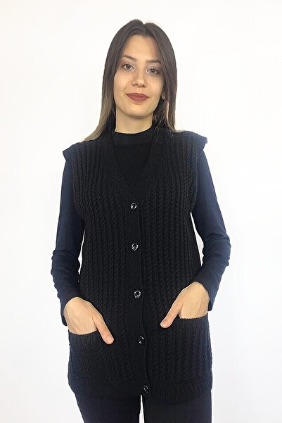 Nacar Kadın V Yaka Yün Triko Anne Cepli Saç Örgü Yelek