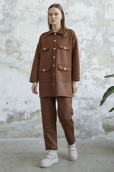 InStyle Scuba Suit with Buttoned Pocket Detailed Jacket - Tan