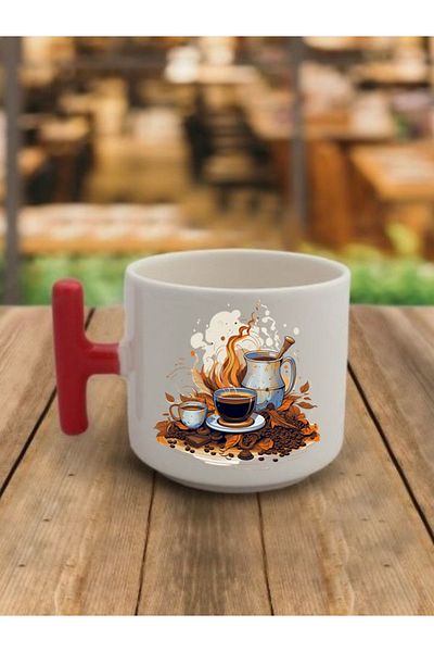 lili hediyelik Coffee Bean Printed Red Handle Coffee Cup Ceramic Mug