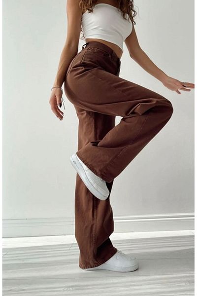 QİSSO Brown 100% Cotton Trend Wide Leg High Waist Women's Jeans