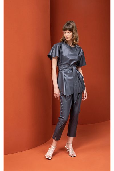 KAMEYA Anthracite Faux Leather Trousers with Slits on the Legs