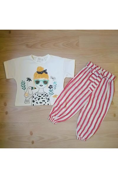 bunny hopp Girl's Set Top and Bottom Set T-shirt Trousers Double Set Striped Trousers Set