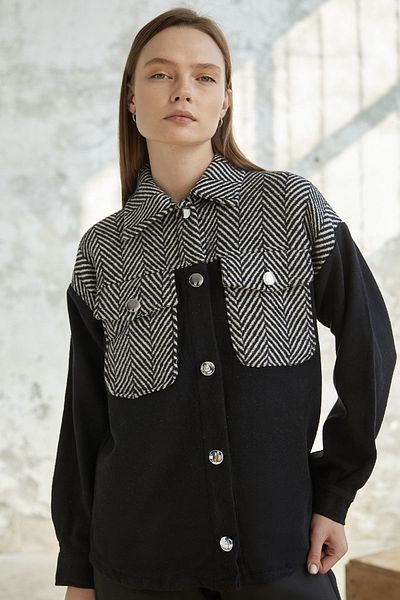 InStyle Herringbone Patterned Pocket Cashew Jacket - Black