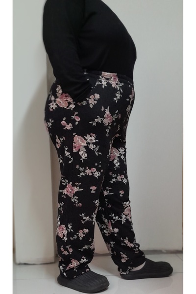 Mertcan Butik Siyah çiçekli 3 iplik şardonlu kışlık pijama eşofman alti