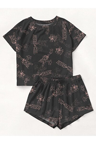 PEMBİŞ HOMEWEAR Short Sleeve Shorts Pajama Set Tom And Jerry Black Supersoft ...