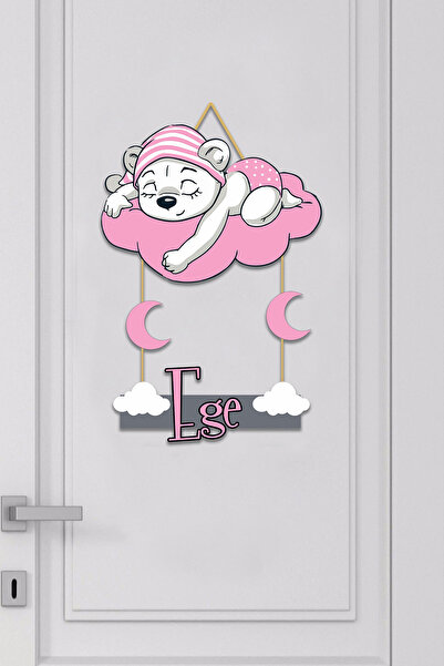 Custom Baby Room Wooden Door Ornament (Cloud & Bear) PINK