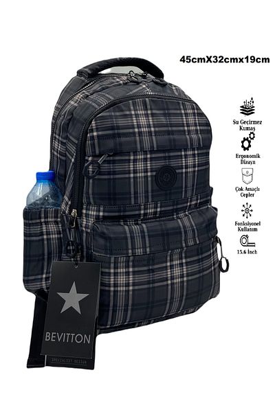 Bevitton Water Repellent Fabric School Bag Unisex School Backpack 20289 Plaid-Black