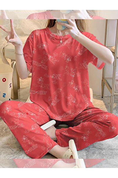 PEMBİŞ HOMEWEAR Short Sleeve Pajama Set Tom And Jerry Red Supersoft Basic Sin...