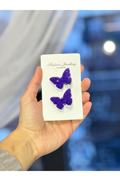 schkırt Kelebek Motifli Epoksi Mor Renk Gümüş Simli Çoçuk Pens Toka Hediyelik...