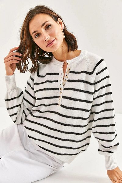 hazelin Women's White Lightweight Balloon Sleeve Striped Button-Up Collar Knitwear Sweater HZL23W-BD1101491