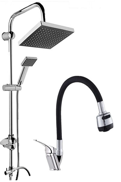 MOONSHOP Duş Robotu Ve Siyah Kubarlı Evye Mutfak Banyo Bataryası Evyesi Duş B...