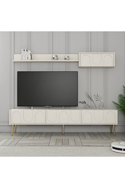 Variant Mobilya Lyon Duvar Raflı Tv Ünitesi - Krem / Altın